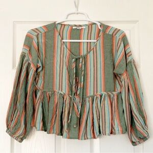 CROPPED TOP BALLOON SLEEVES TIE FRONT PEPLUM STRIPES BOHO